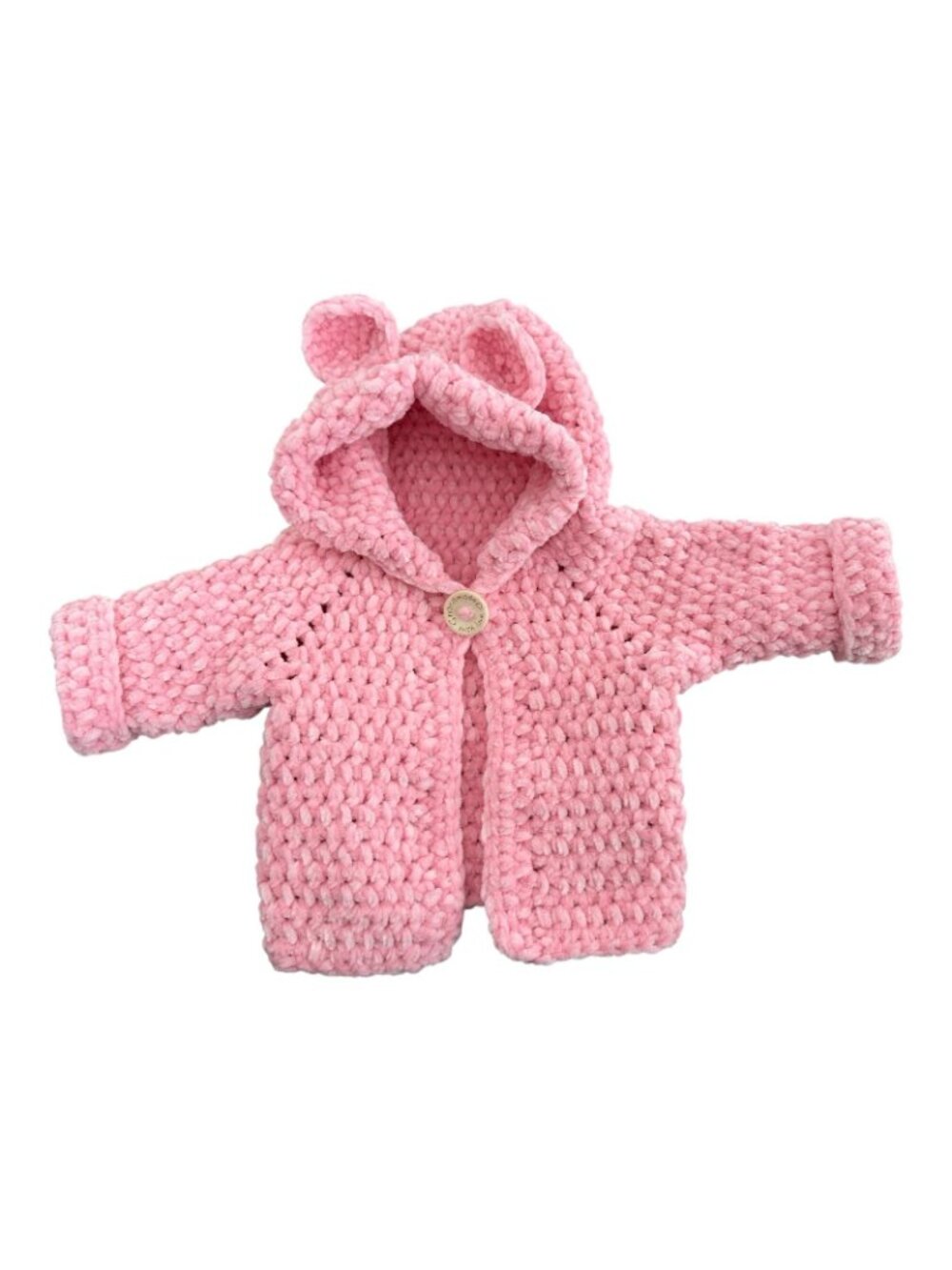 Handmade Pink Chenille Newborn Baby Hoodie & Booties Set Bear Ears Soft Plush - Picture 12 of 16